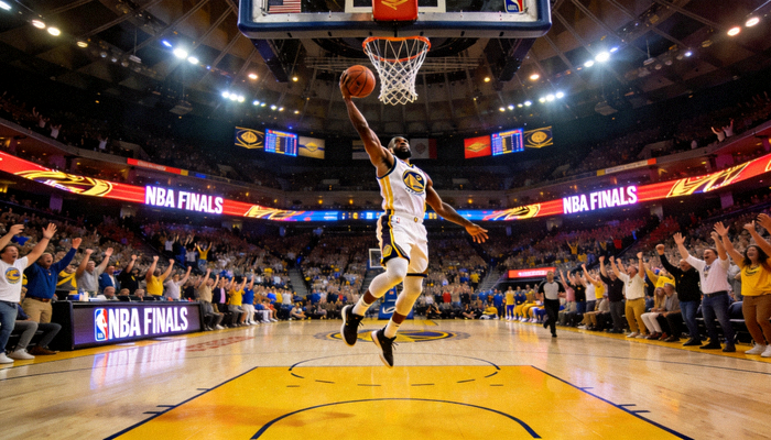 NBA总决赛现场，球员扣篮瞬间，观众席爆满